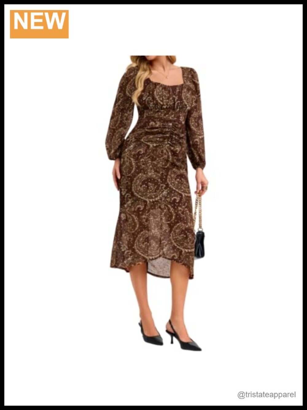 Womens Balloon Sleeve Ruched Smocked Mermaid Hem Midi Dress